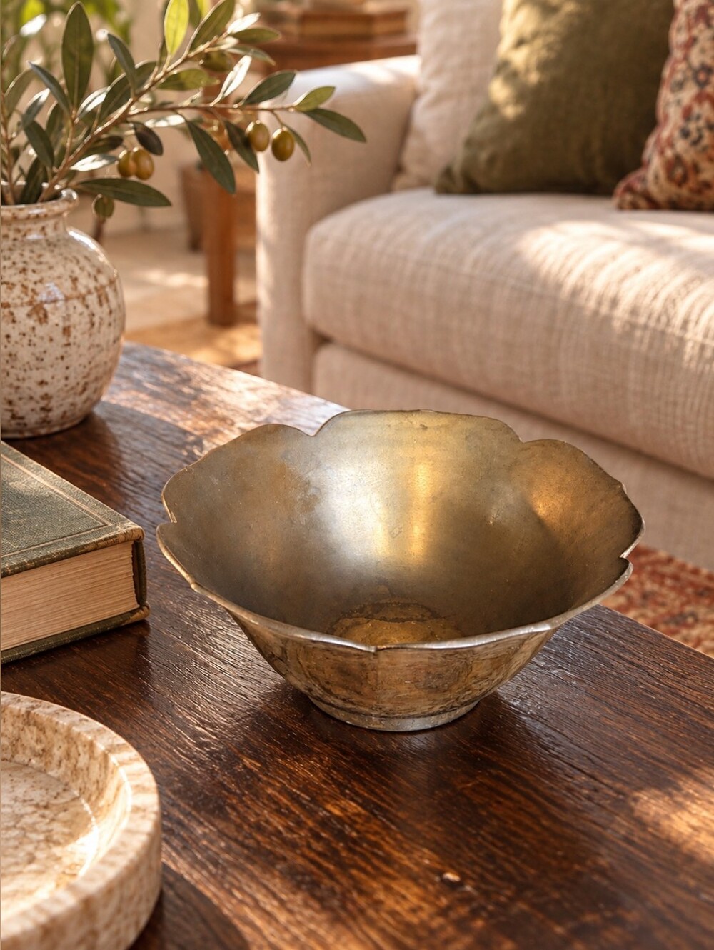 Vintage Shivom India Brass Fluted Footed Bowl Scalloped Dish Boho MCM Decor